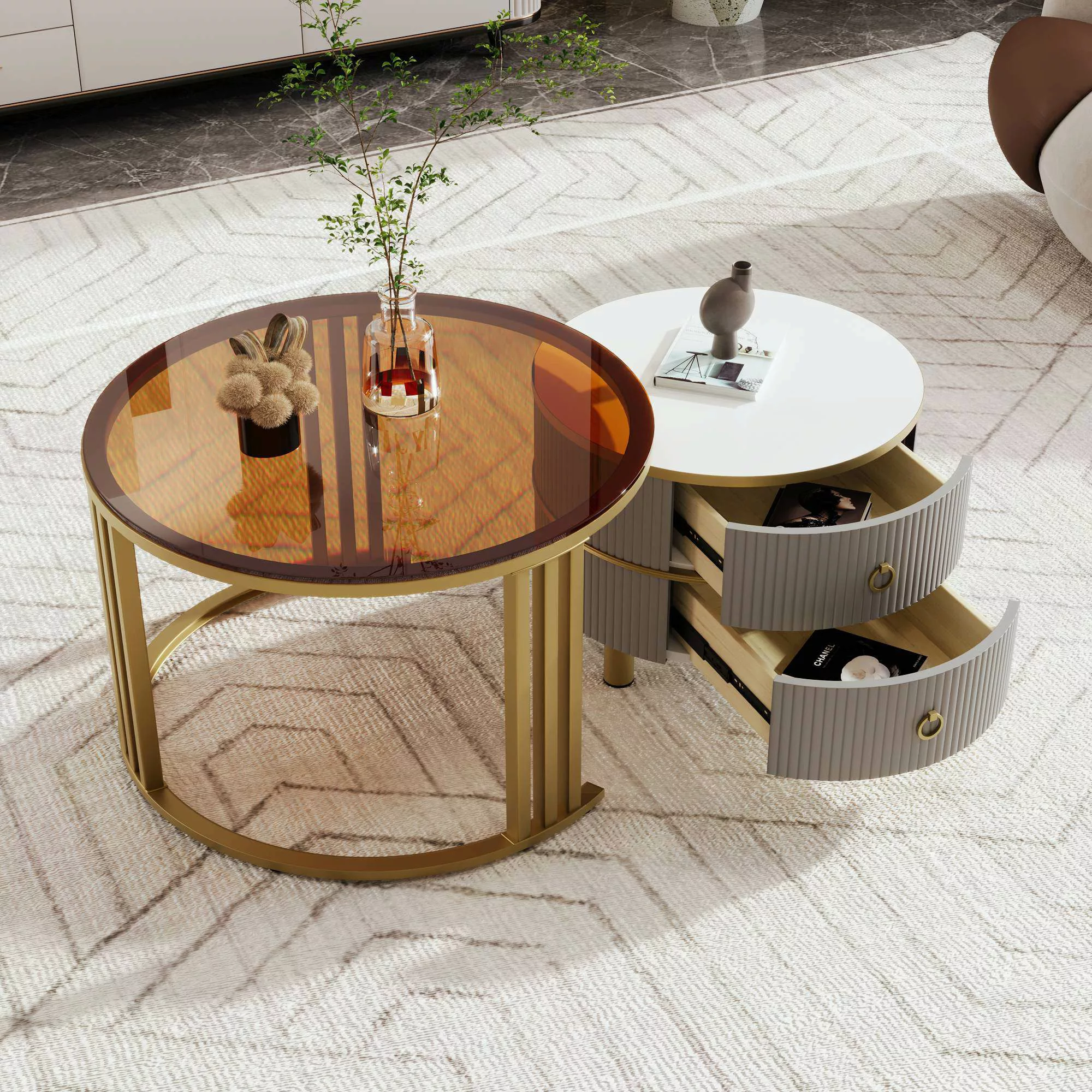 2-in-1 Couchtisch-Set mit Hochglanz- und Glasplatte, MDF und Metallbeine, i günstig online kaufen