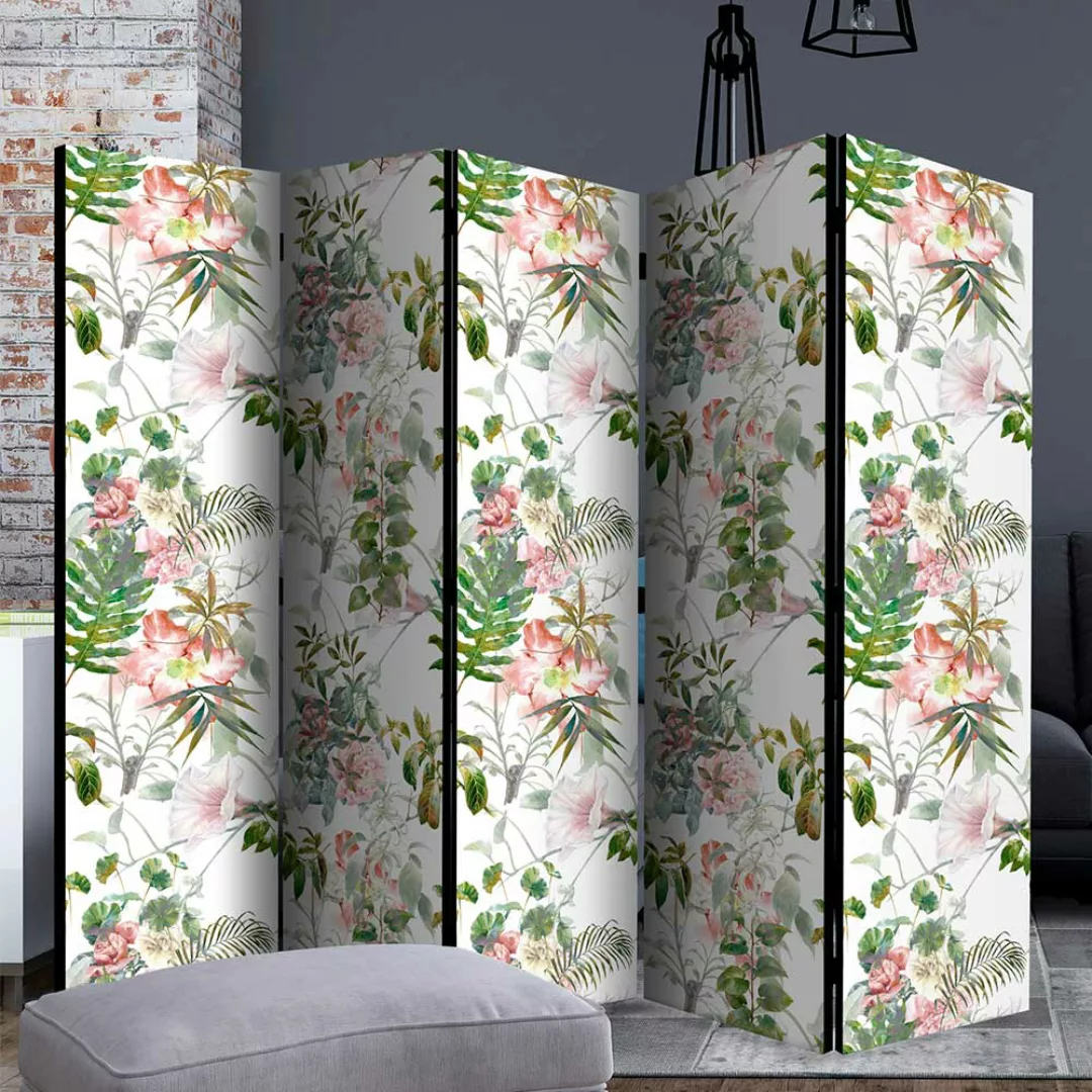 Bunter Paravent mit Leinwand Füllung Blumen Motiv günstig online kaufen