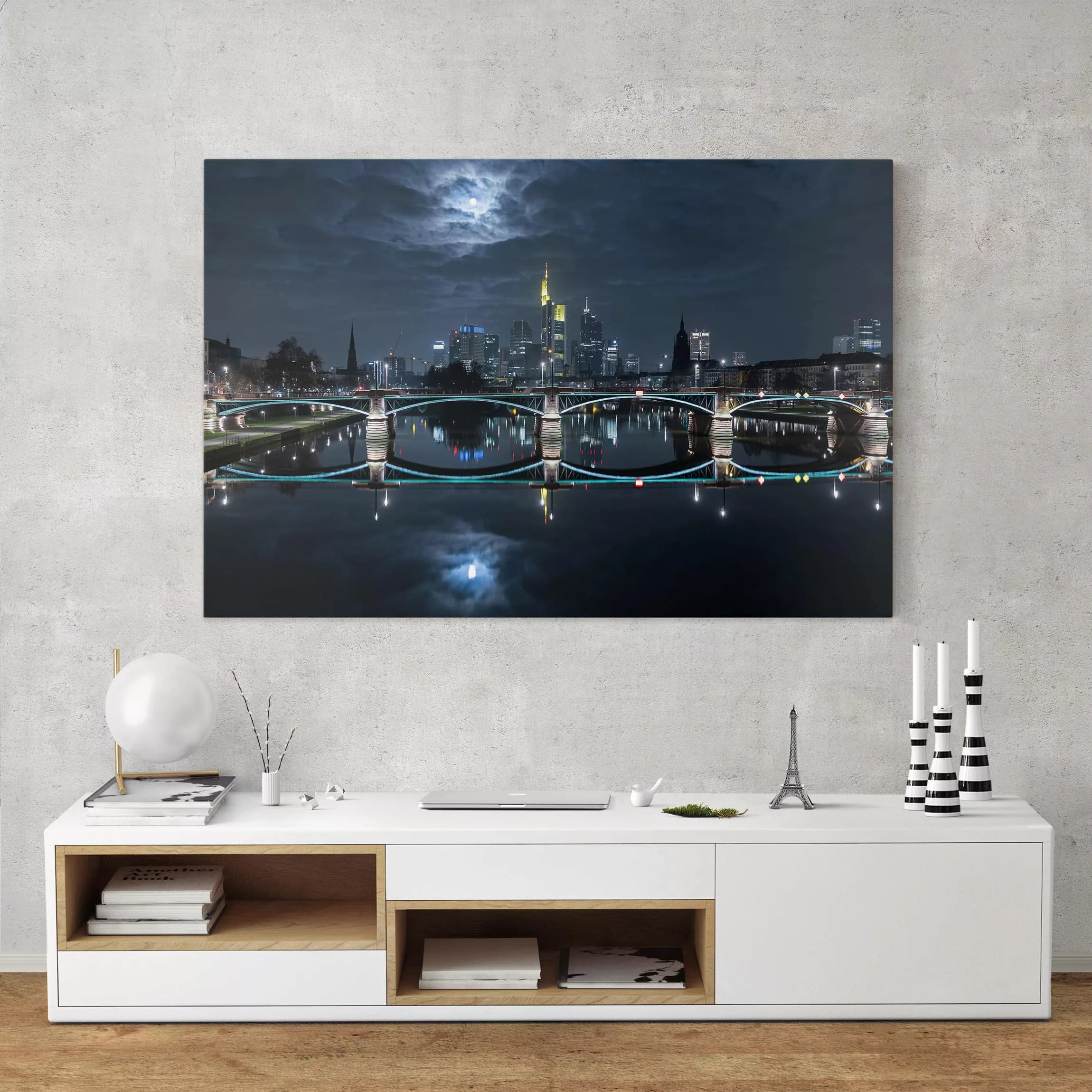 Leinwandbild Architektur & Skyline - Querformat Frankfurt bei Vollmond günstig online kaufen