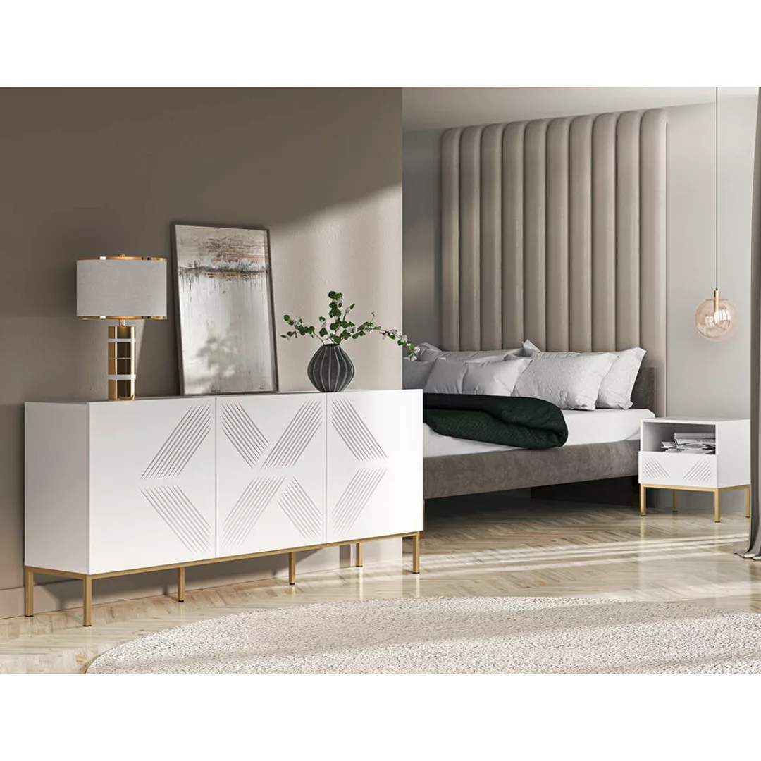 Schlafzimmermöbel Set 3-teilig CHENNAI-131 in weiß mit goldfarbenem Fußgest günstig online kaufen