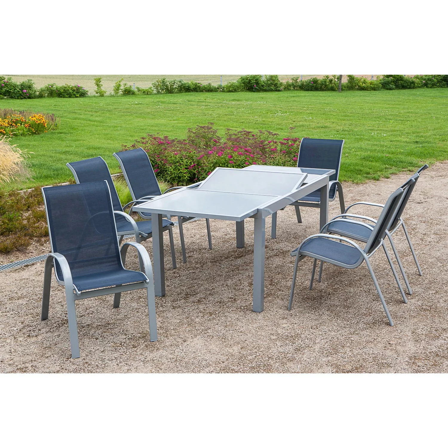 Gartenmöbel-Set Amalfi 7-tlg. Marineblau inkl. Tisch 160/220 cm x 90 cm günstig online kaufen