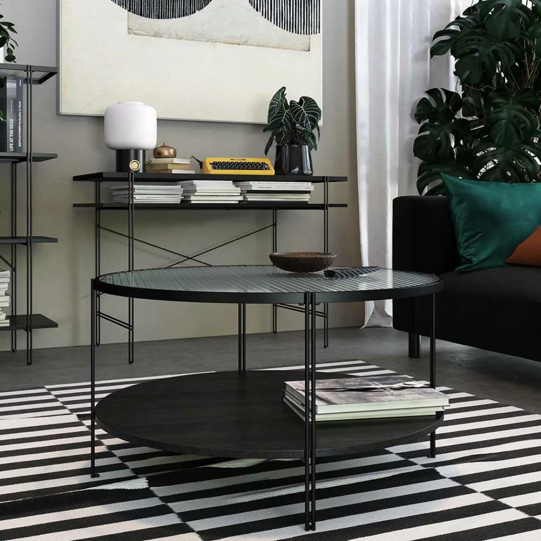 Wohnzimmer Tisch schwarz rund aus Metall Strukturglasplatte günstig online kaufen