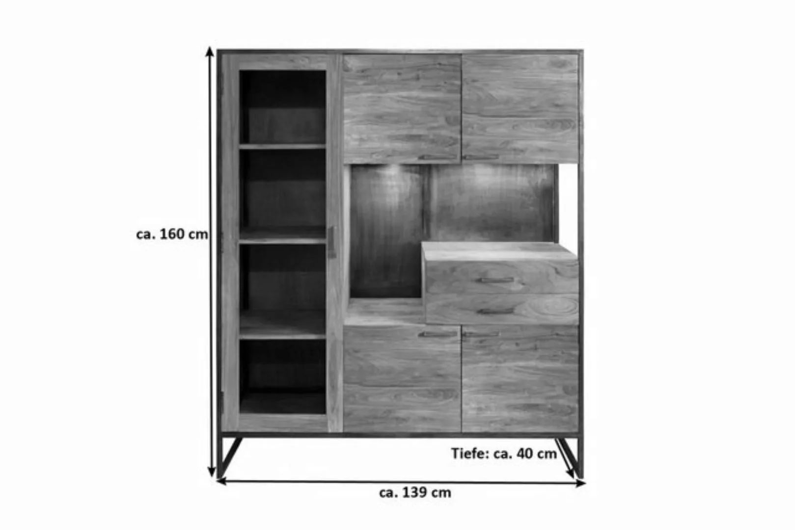 Loreno® Hochschrank Sydney massives Akazienholz, stonefarben, 4 Türen, 1 Gl günstig online kaufen