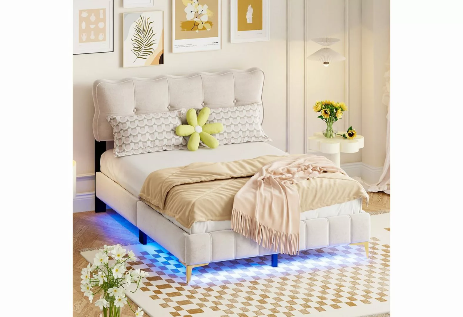 REDOM Polsterbett Doppelbett mit LED-Leuchten mit Rückenlehne mit Lattenros günstig online kaufen