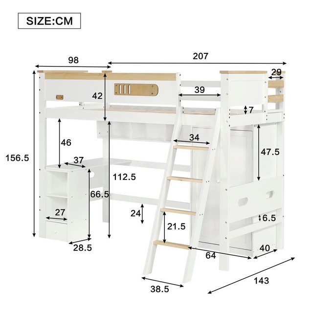 Flieks Hochbett Kinderbett 90x200cm mit offenen Regale Schreibtisch und Kle günstig online kaufen