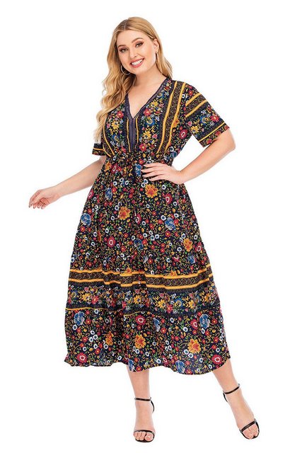 AUKUU Sommerkleid Retro Blumen Maxikleid, Bohemian-Stil, Spitze V-Ausschnit günstig online kaufen