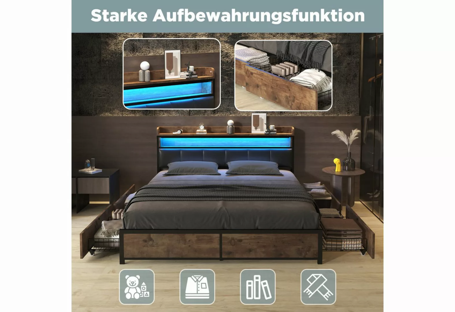 KoDise Polsterbett Stauraumbett Doppelbett Jugendbett mit 4 Schubladen,LED- günstig online kaufen