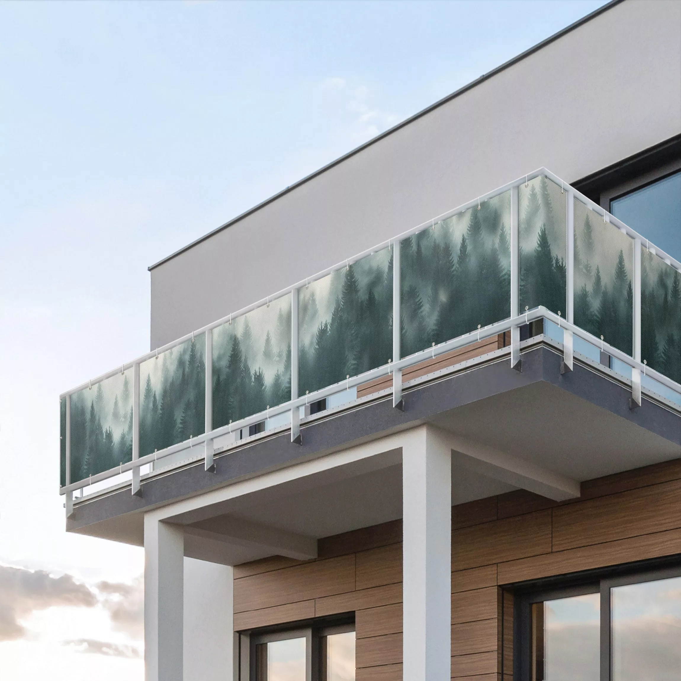 Balkon Sichtschutz Nadelwald im Nebel günstig online kaufen
