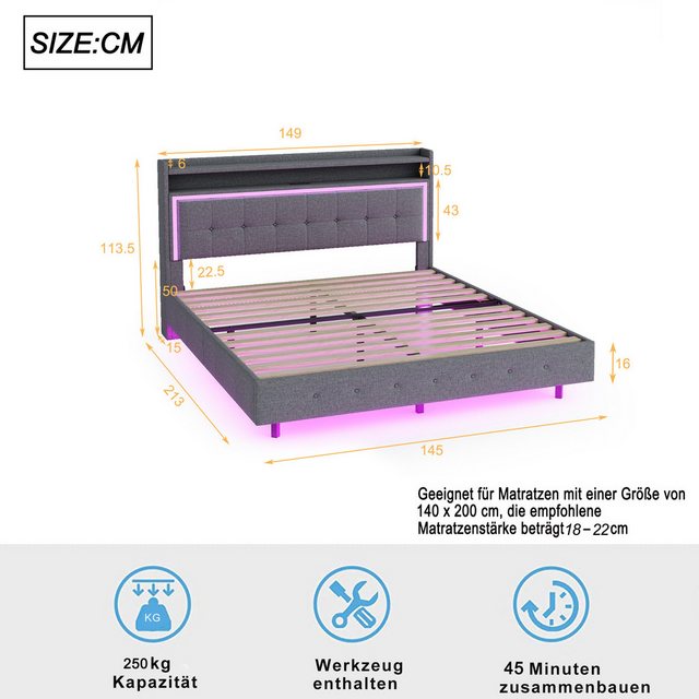 Flieks Polsterbett, LED Doppelbett 140x200cm mit USB-Laden und Stauraum am günstig online kaufen