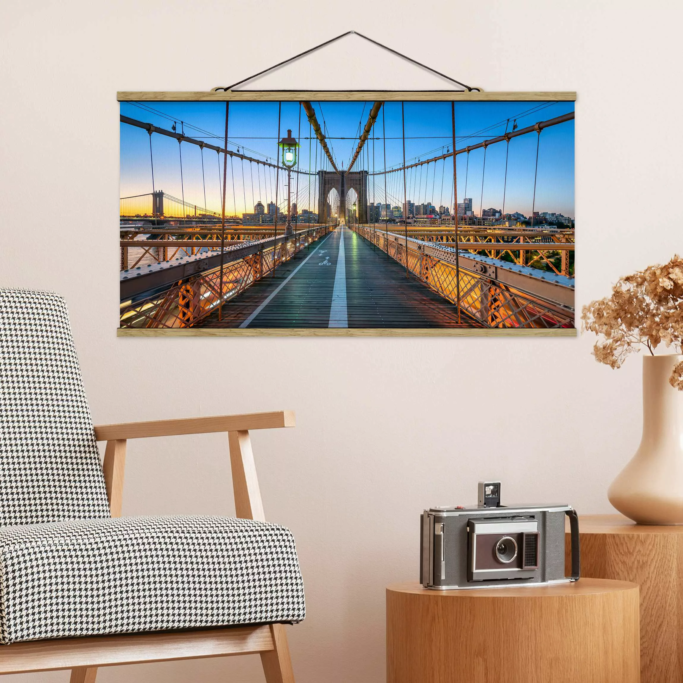 Stoffbild mit Posterleisten Morgenblick von der Brooklyn Bridge günstig online kaufen