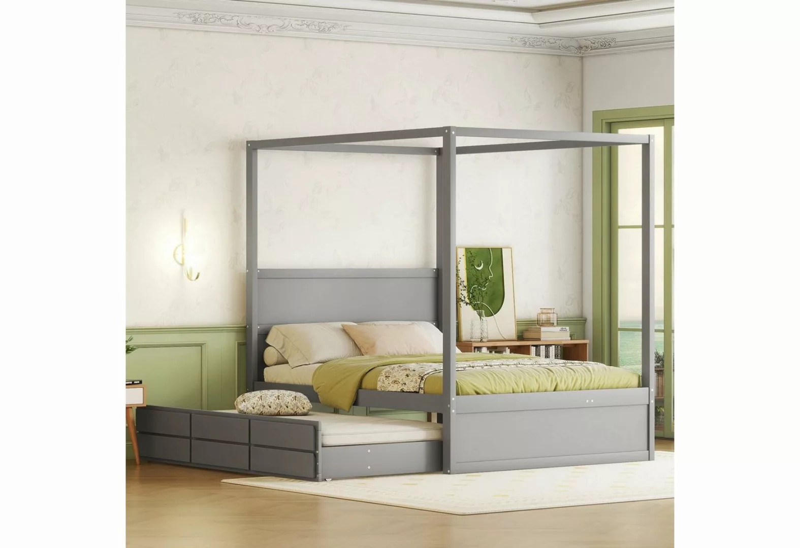 Gotagee Himmelbett Himmelbett 140x200 Einzelbett mit Ausziehbett Modern Sta günstig online kaufen