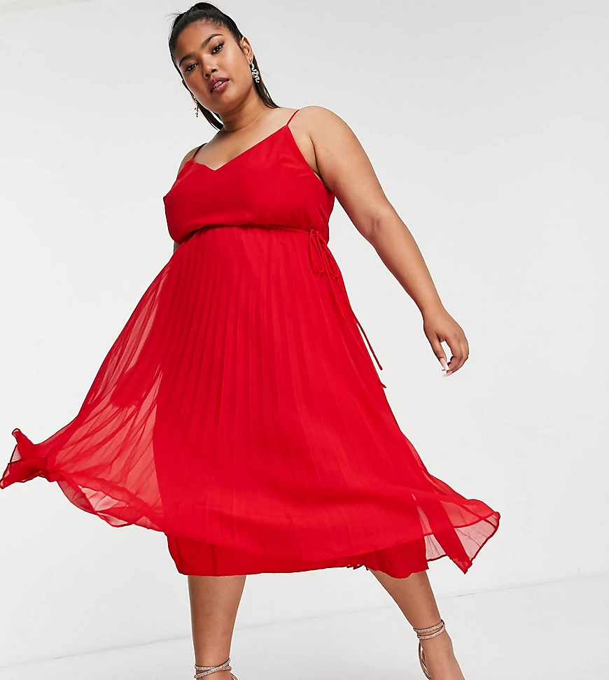 ASOS DESIGN Curve – Plissiertes Träger-Midikleid mit Tunnelzug-Taille in Ro günstig online kaufen