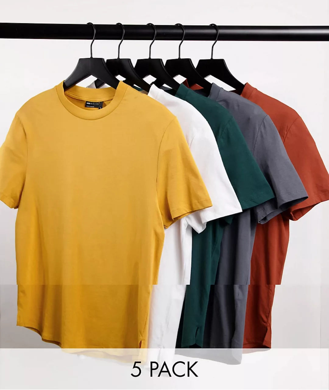 ASOS DESIGN Longline-T-Shirt mit seitlichen Schlitzen im 5er-Pack-Mehrfarbi günstig online kaufen