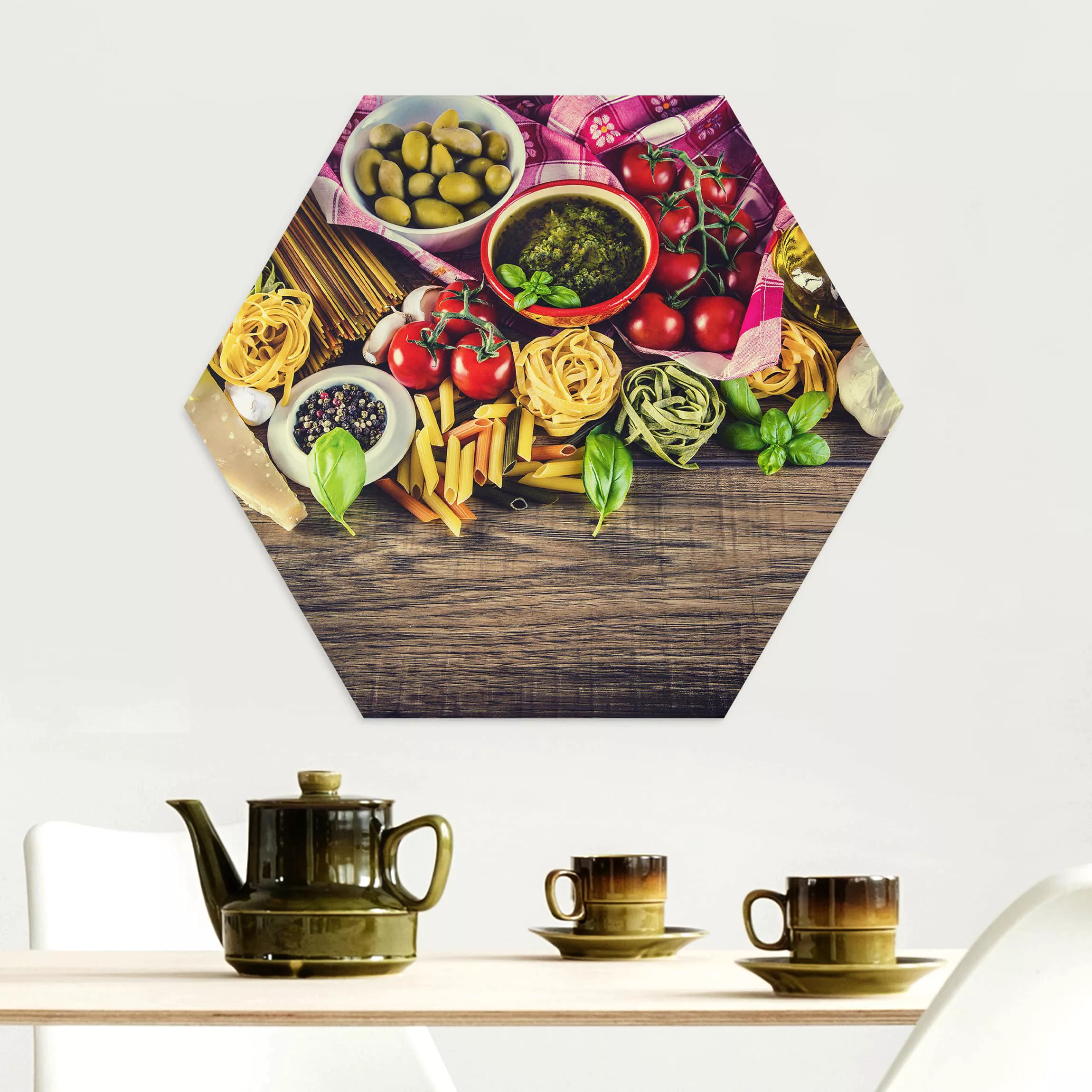 Hexagon-Alu-Dibond Bild Küche Pasta günstig online kaufen