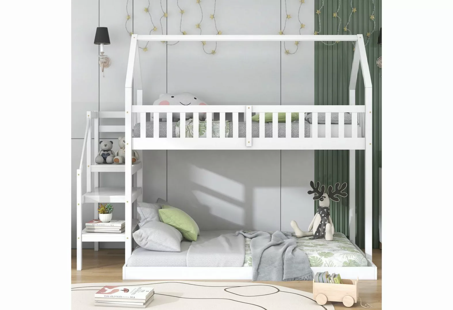 MODFU Etagenbett Hausbett Einzelbett Kinderbett, Hausbett mit Treppe (mit F günstig online kaufen