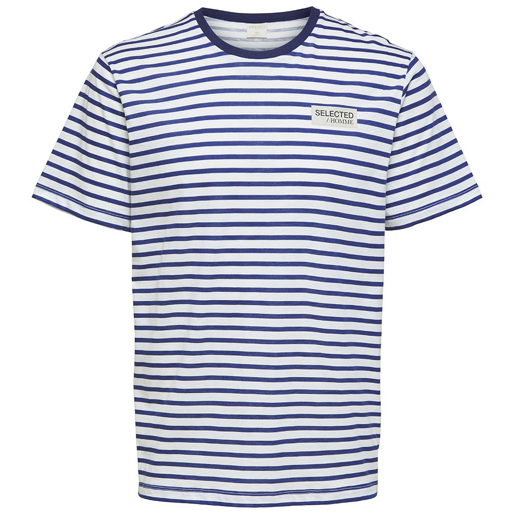 Selected Relaxed Emil Kurzarm O Hals T-shirt XL Dark Navy / Stripes / Logo günstig online kaufen
