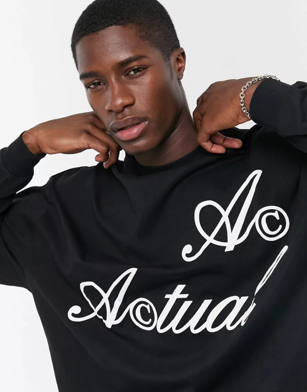 ASOS Actual – Langärmliges Oversize-T-Shirt mit Logo in Schwarz günstig online kaufen