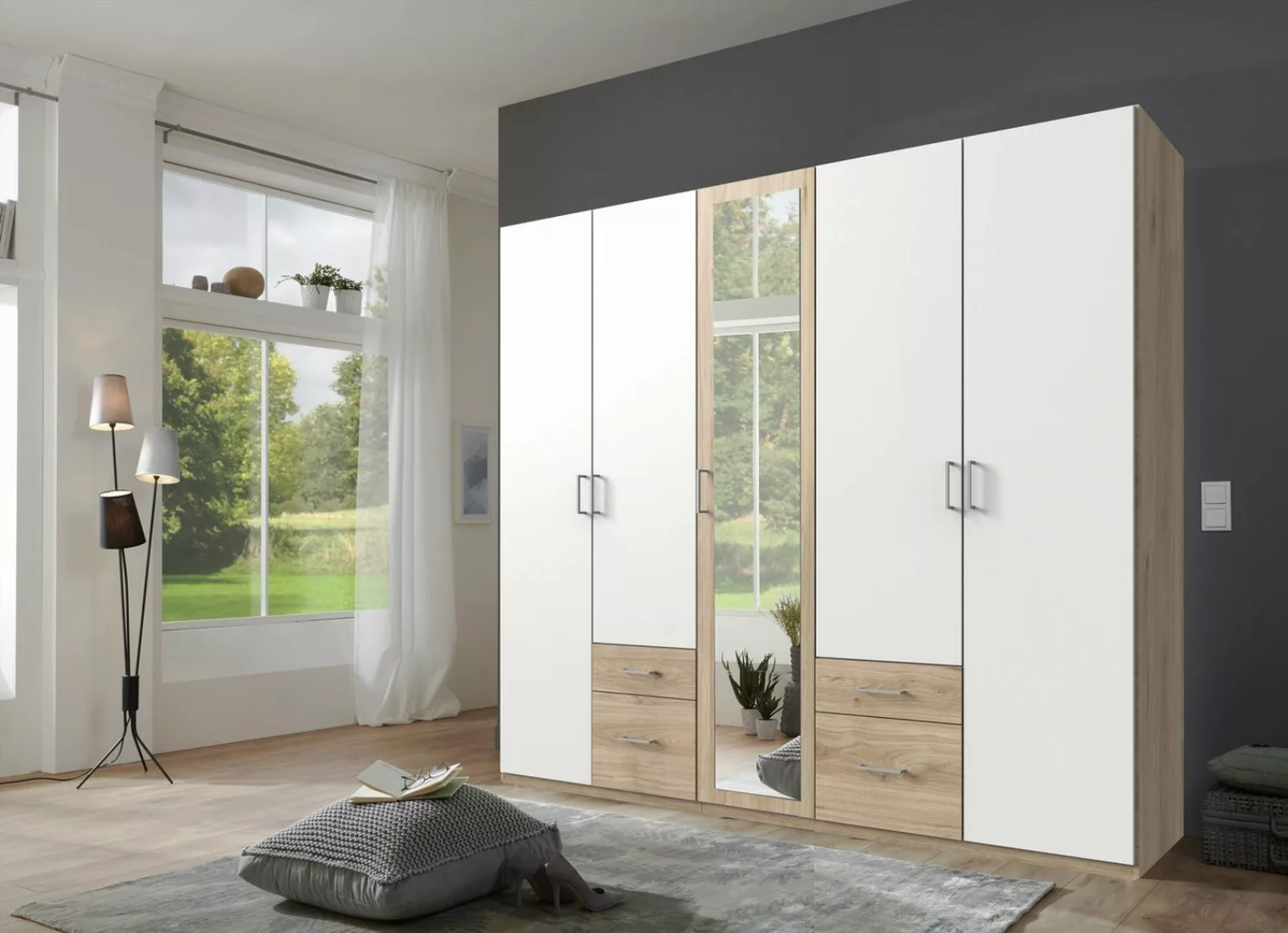 freiraum Drehtürenschrank Freiburg in WEISS + HICKORY OAK NB - 225x208x58cm günstig online kaufen