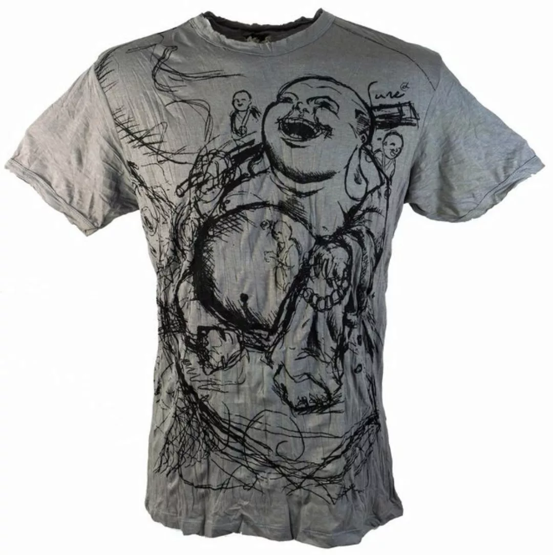 Guru-Shop T-Shirt Sure Herren T-Shirt Happy Buddha - grau Goa Style, Festiv günstig online kaufen