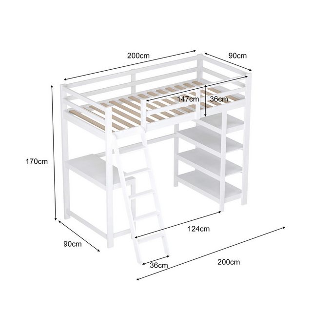 Furnishings Home Hochbett Weißes Holzbett mit Untertisch + Regalen + Treppe günstig online kaufen