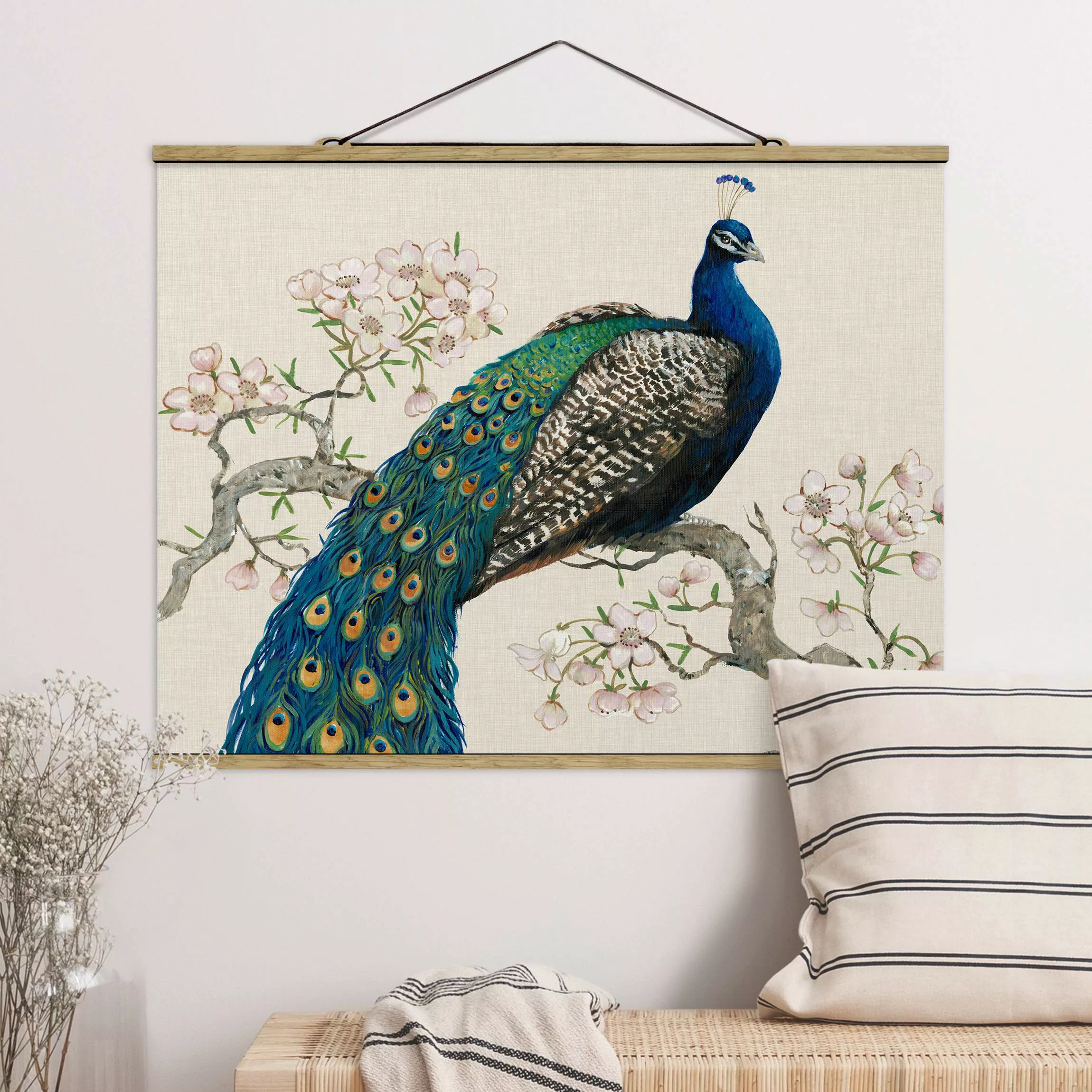 Stoffbild Tiere mit Posterleisten - Querformat Vintage Pfau mit Kirschblüte günstig online kaufen