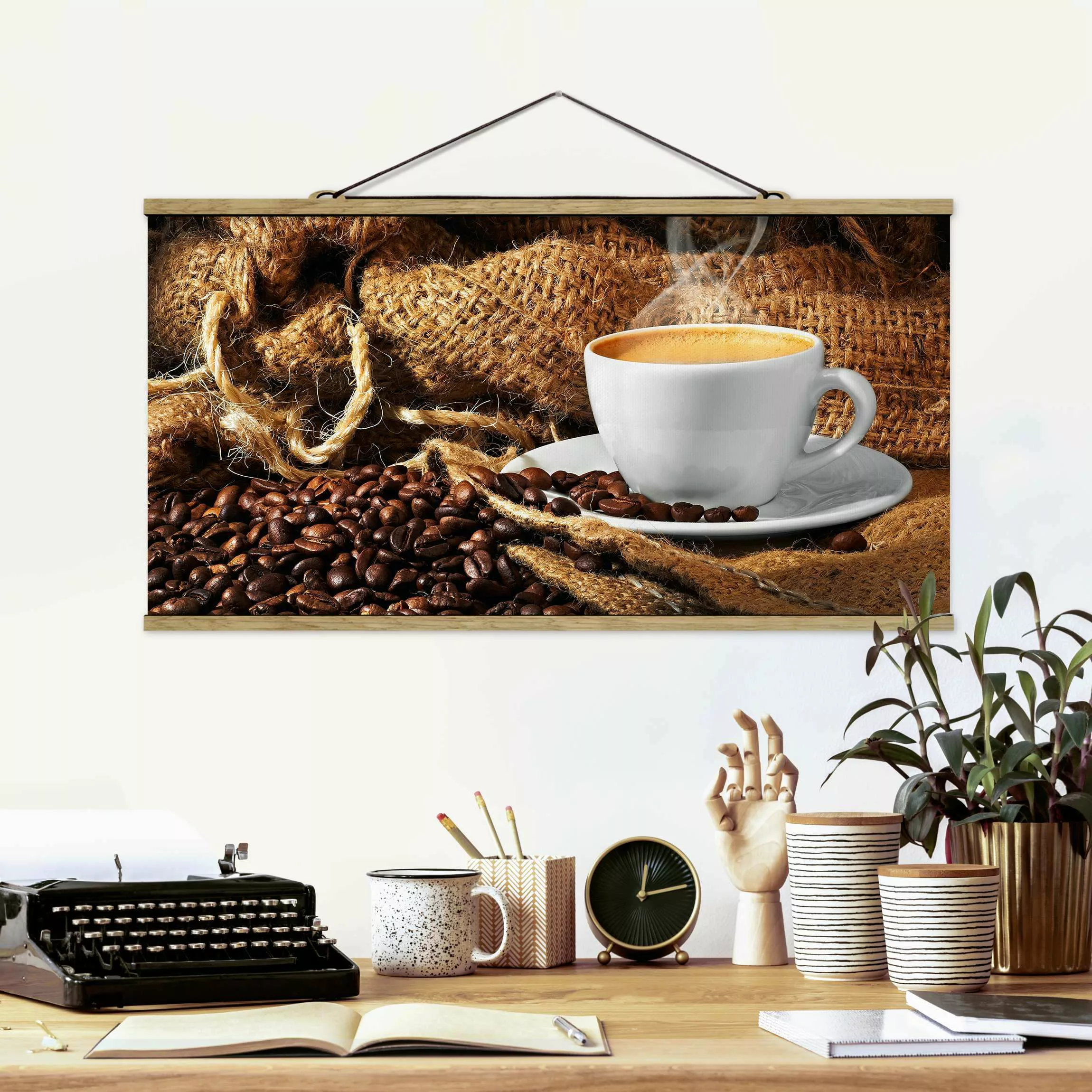 Stoffbild Küche mit Posterleisten - Querformat Kaffee am Morgen günstig online kaufen