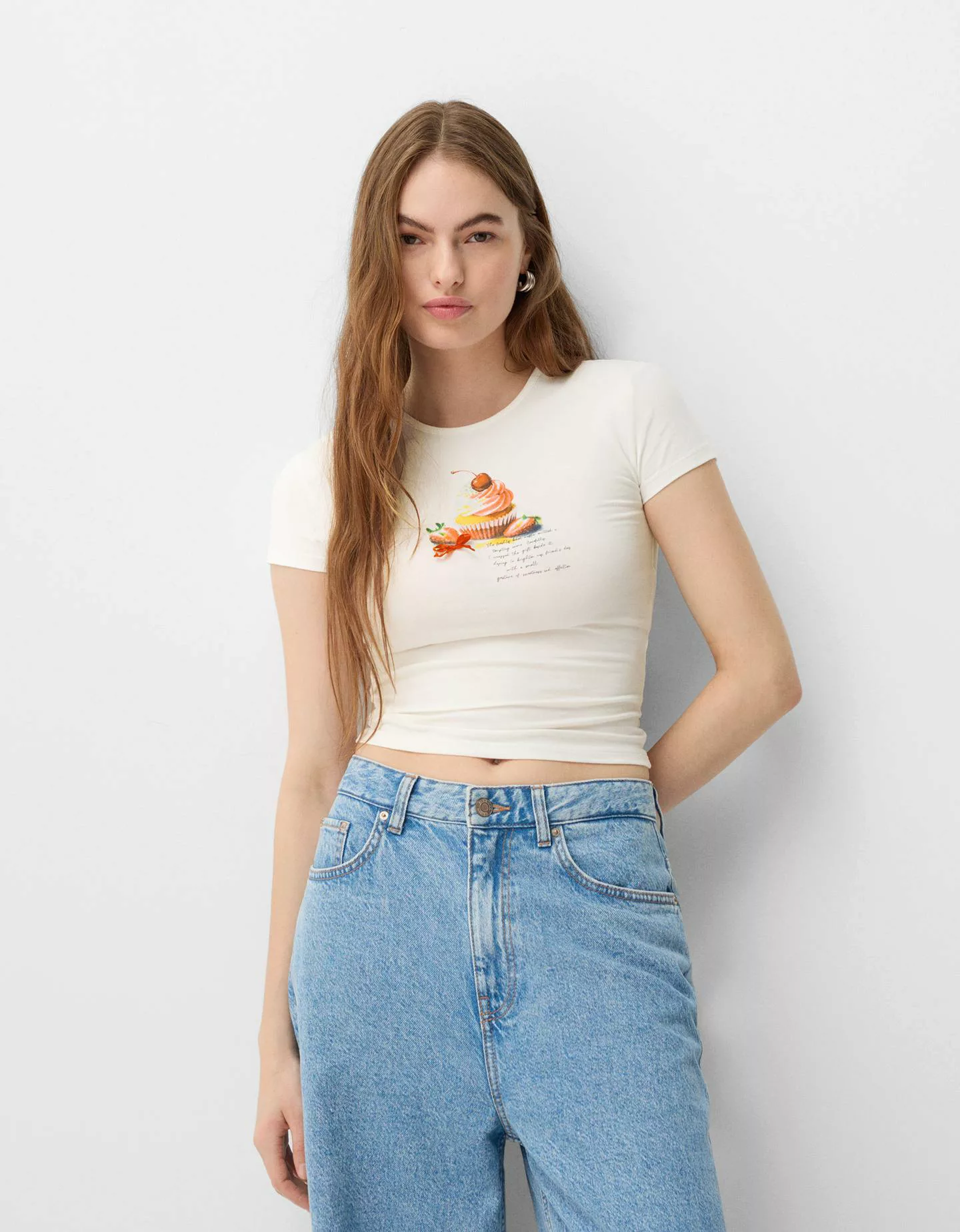 Bershka T-Shirt Mit Print Damen L Grbrochenes Weiss günstig online kaufen