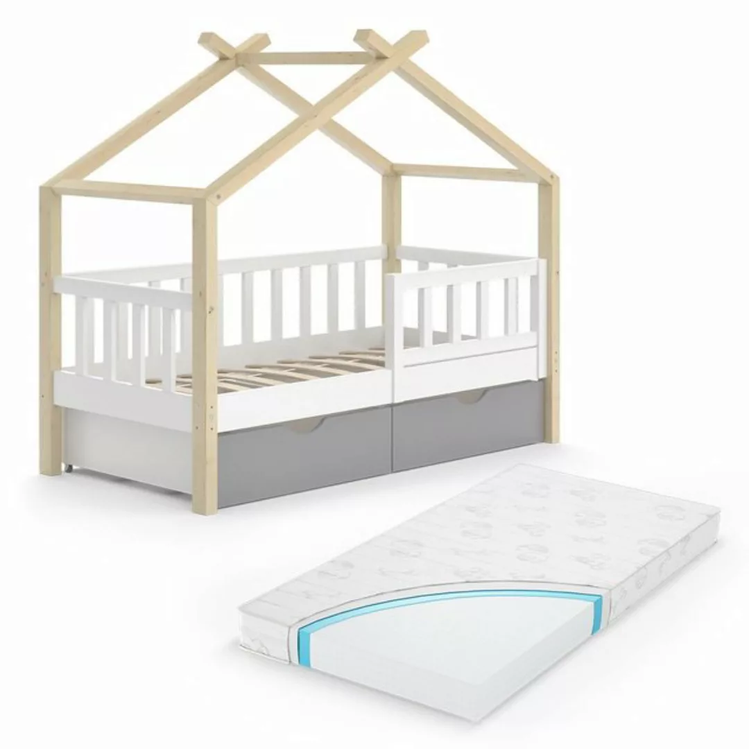 Vicco Kinderbett Hausbett Einzelbett 70x140cm DESIGN Natur Weiß Matratze günstig online kaufen