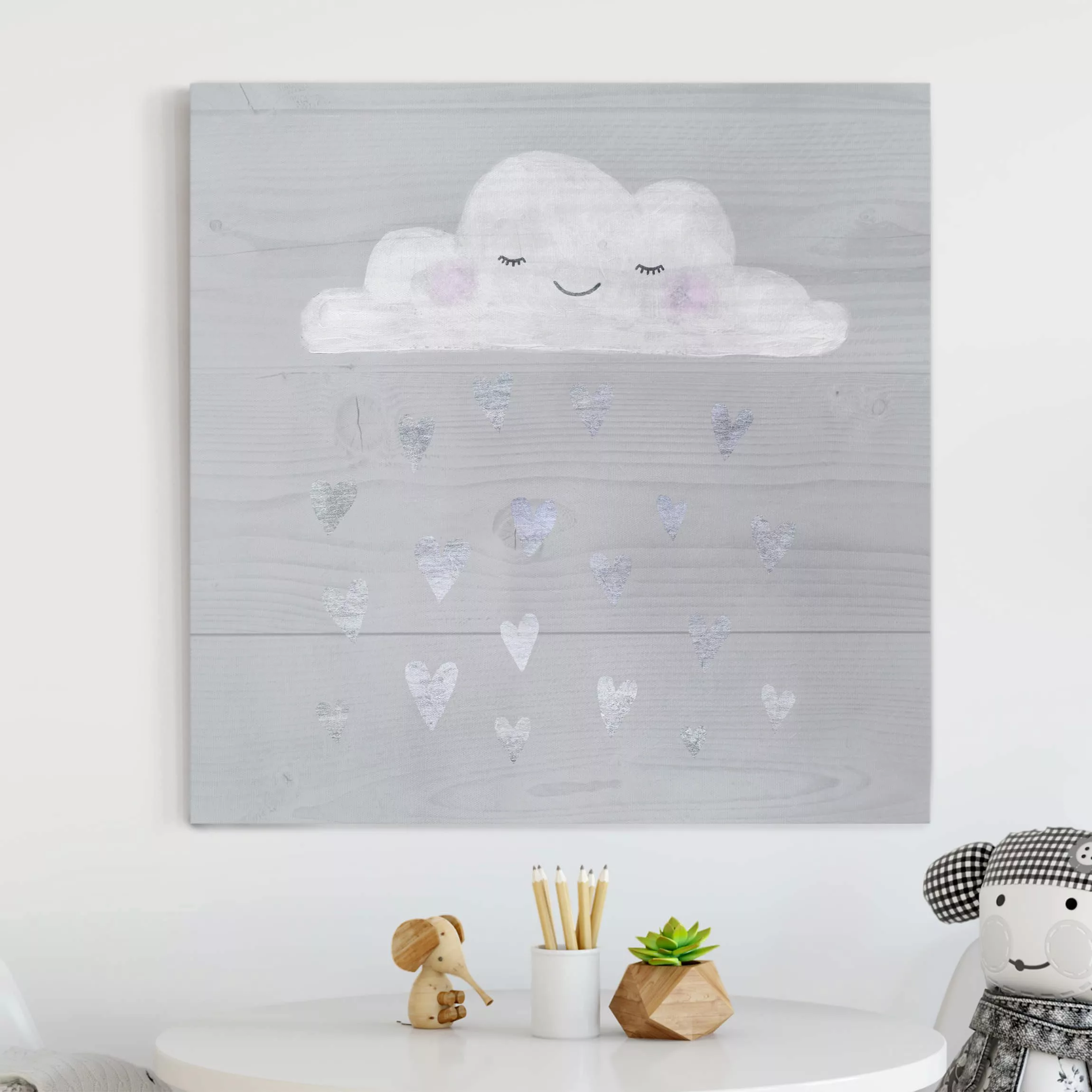 Leinwandbild Kinderzimmer - Quadrat Wolke mit silbernen Herzen günstig online kaufen