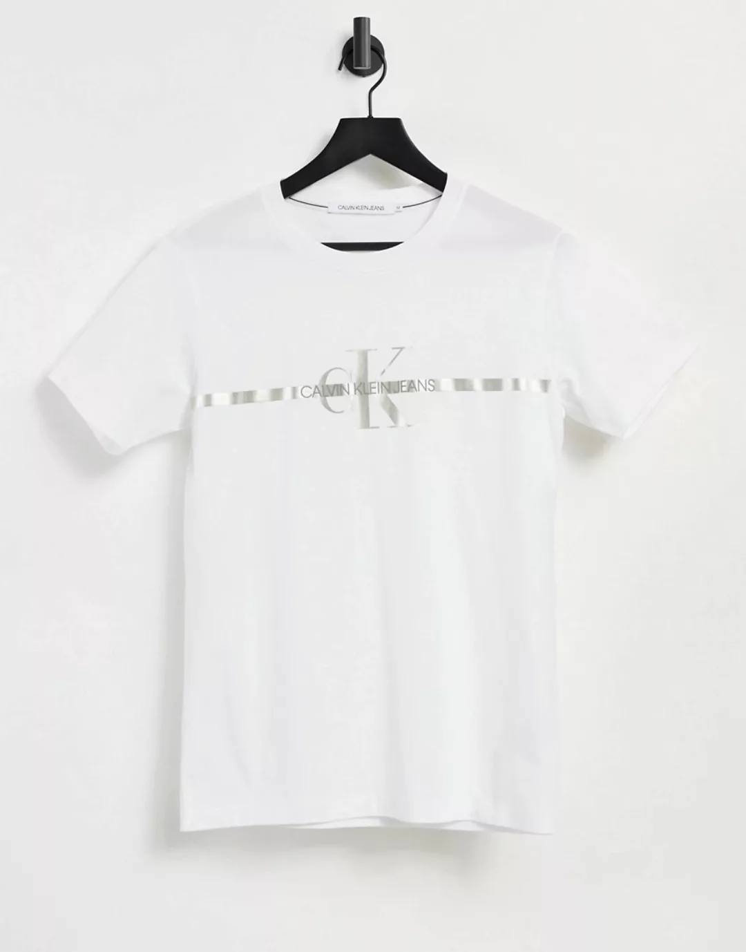 Calvin Klein Jeans – T-Shirt in Weiß mit goldenem Zierband und Monogramm günstig online kaufen