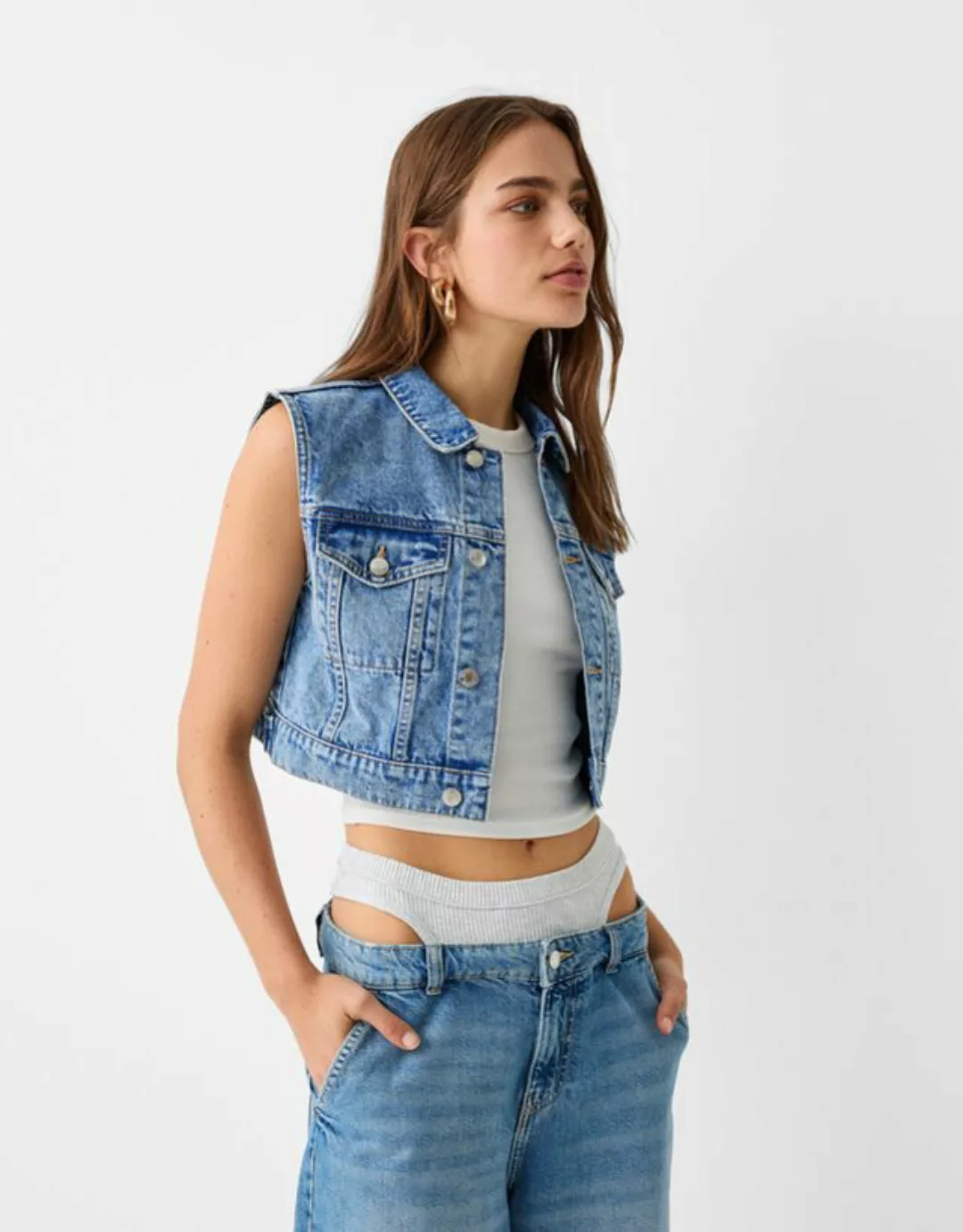 Bershka Cropped-Jeansweste Damen L Ausgewaschenes Blau günstig online kaufen