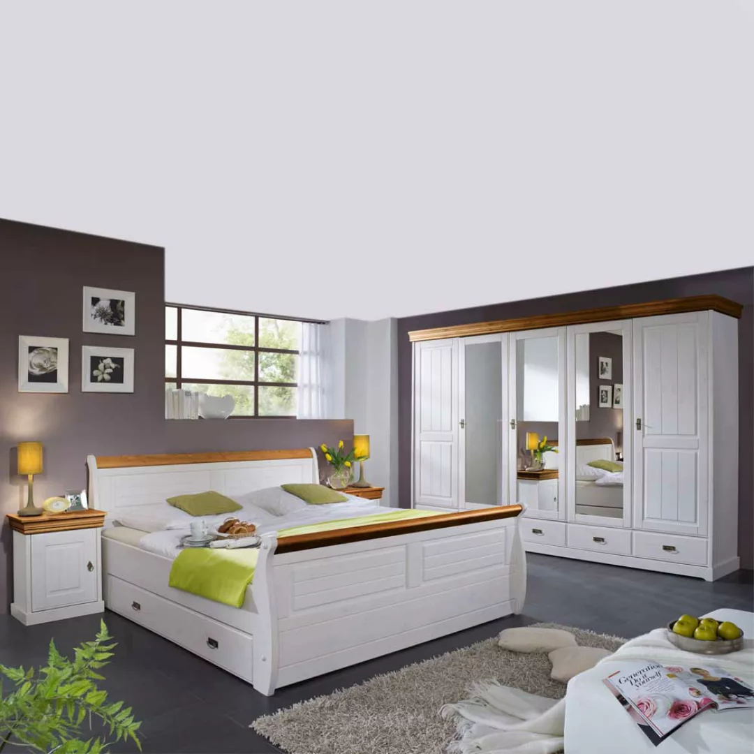 komplett Schlafzimmer in Weiß Honigfarben (vierteilig) günstig online kaufen