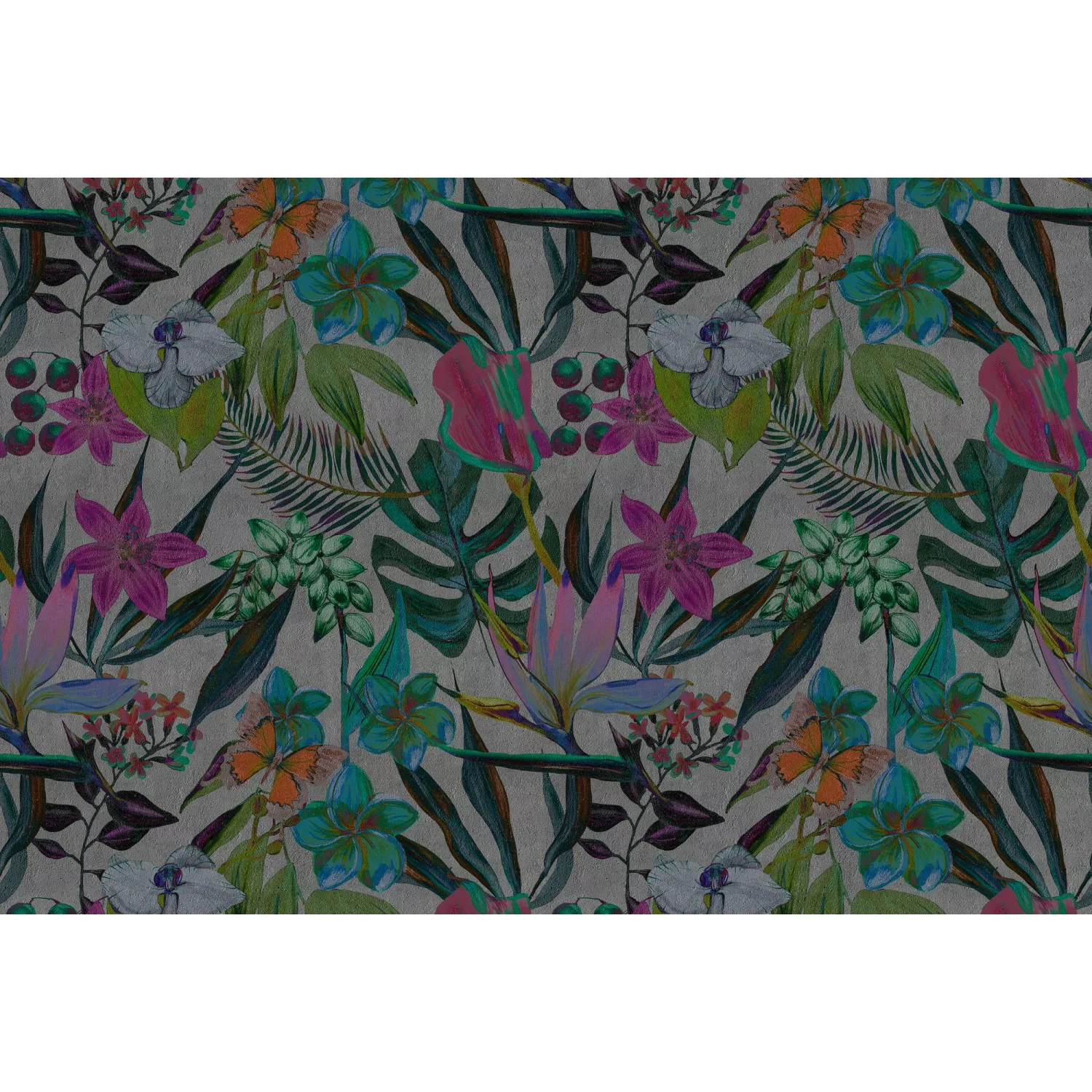 Fototapete Dschungel Blumen Bunt Lila Rot Grau 4,00 m x 2,70 m FSC® günstig online kaufen