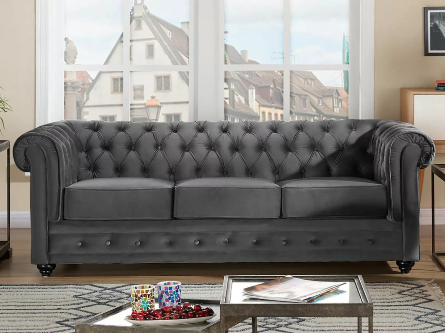 Sofa 3-Sitzer - Samt - Anthrazit - CHESTERFIELD günstig online kaufen