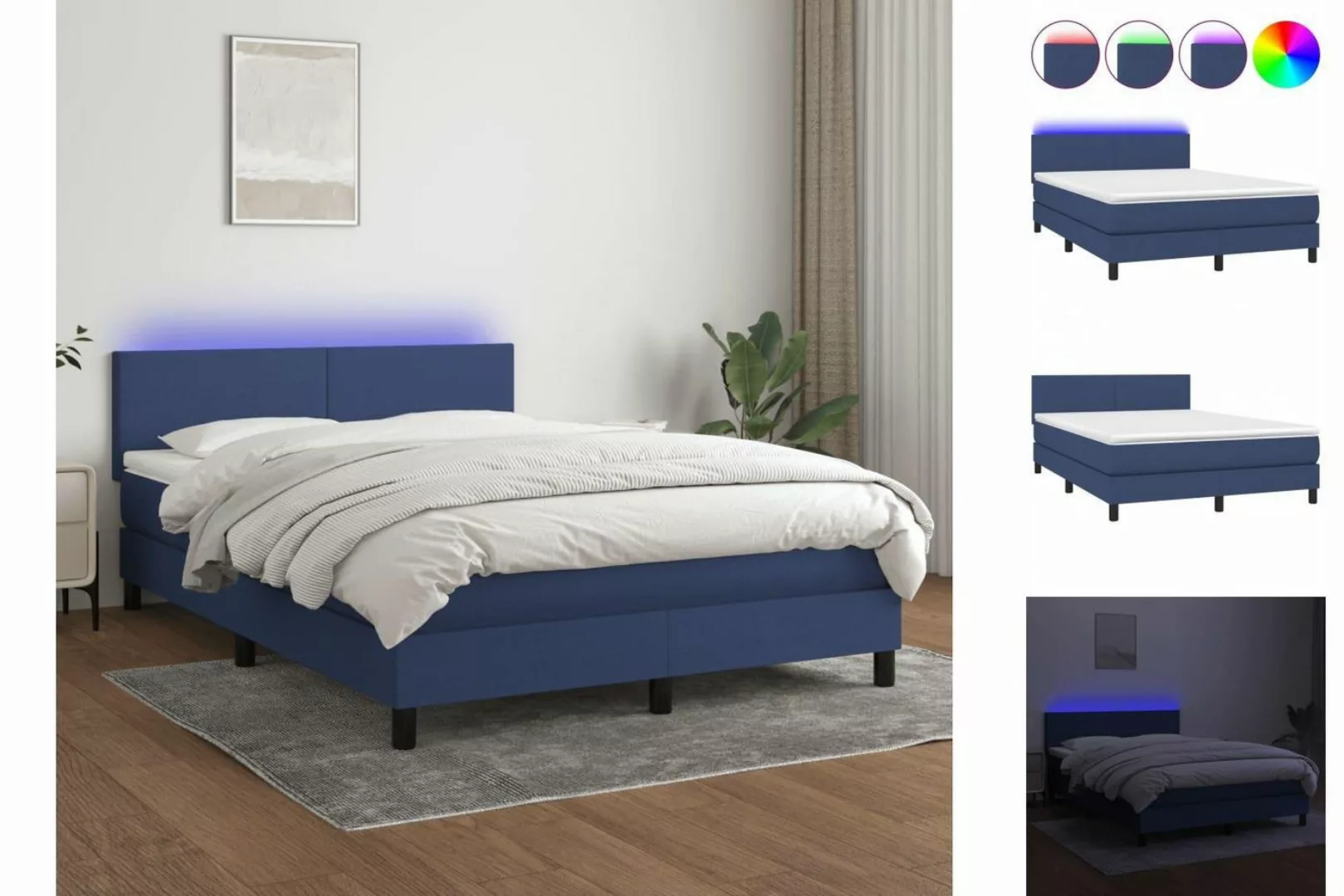 vidaXL Bettgestell Boxspringbett mit Matratze LED Blau 140x200 cm Stoff Bet günstig online kaufen