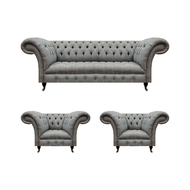 JVmoebel Chesterfield-Sofa Set 3tlg Chesterfield Sofas Grau Textil Polsterm günstig online kaufen