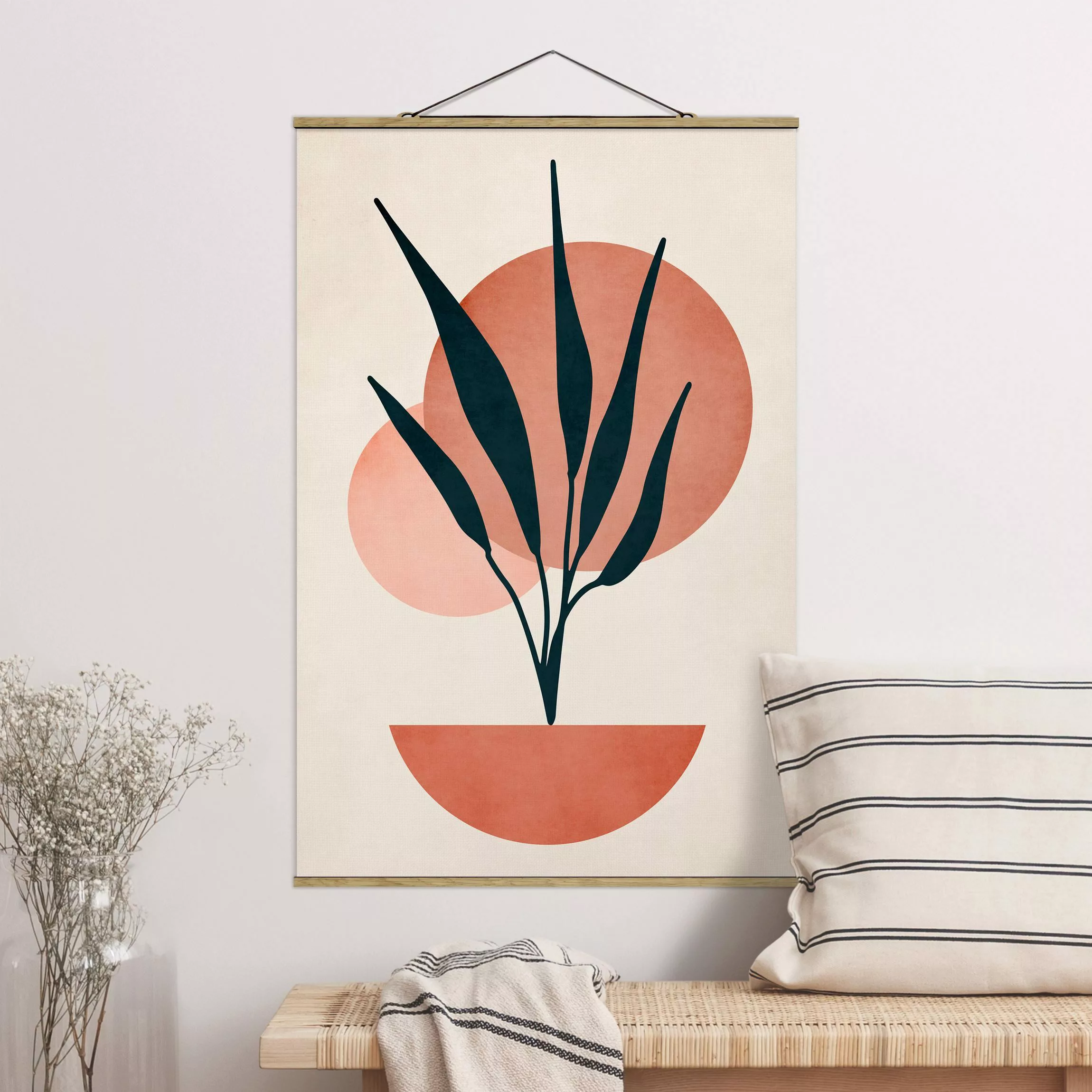 Stoffbild mit Posterleisten Pflanze und abstrakte Formen in Rosa günstig online kaufen