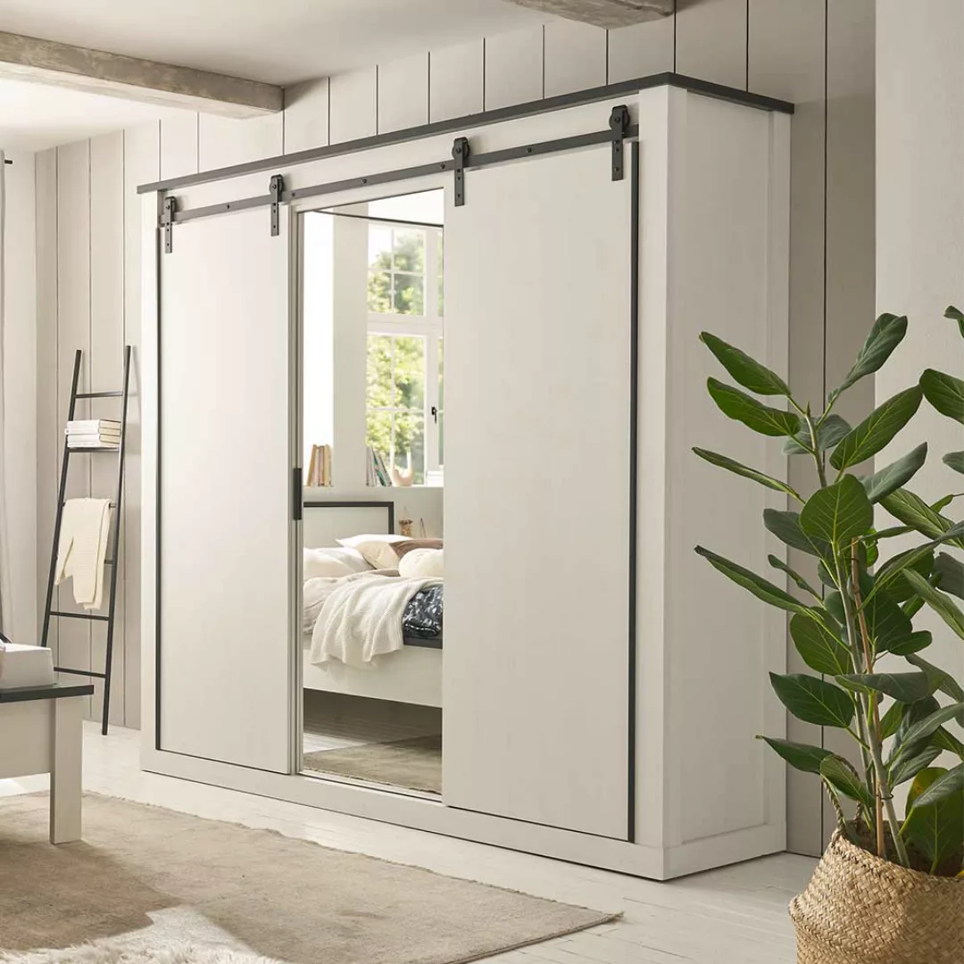 Landhausschlafzimmerschrank in Pinie Weiß und Anthrazit Spiegel günstig online kaufen