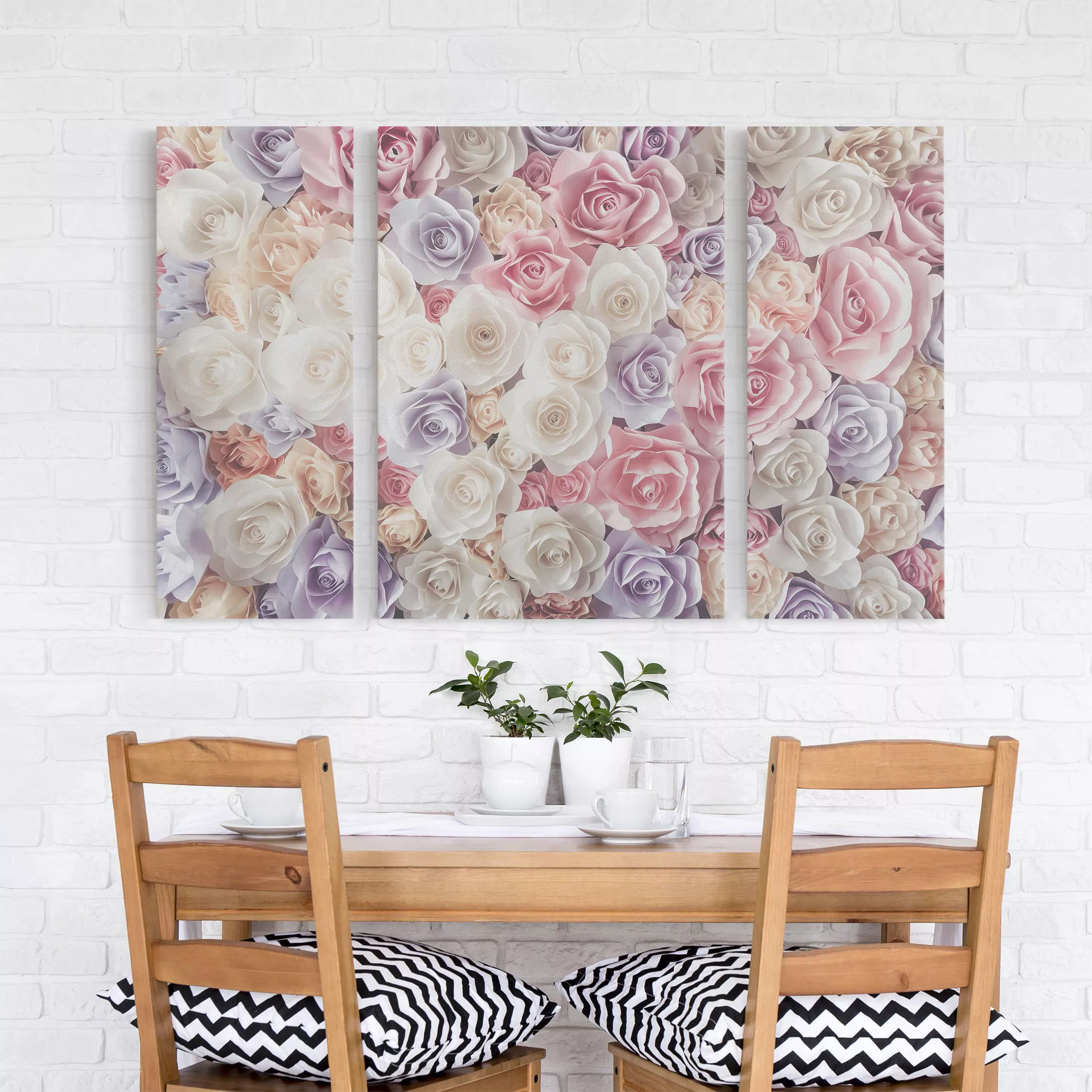 3-teiliges Leinwandbild Blumen - Querformat Pastell Paper Art Rosen günstig online kaufen