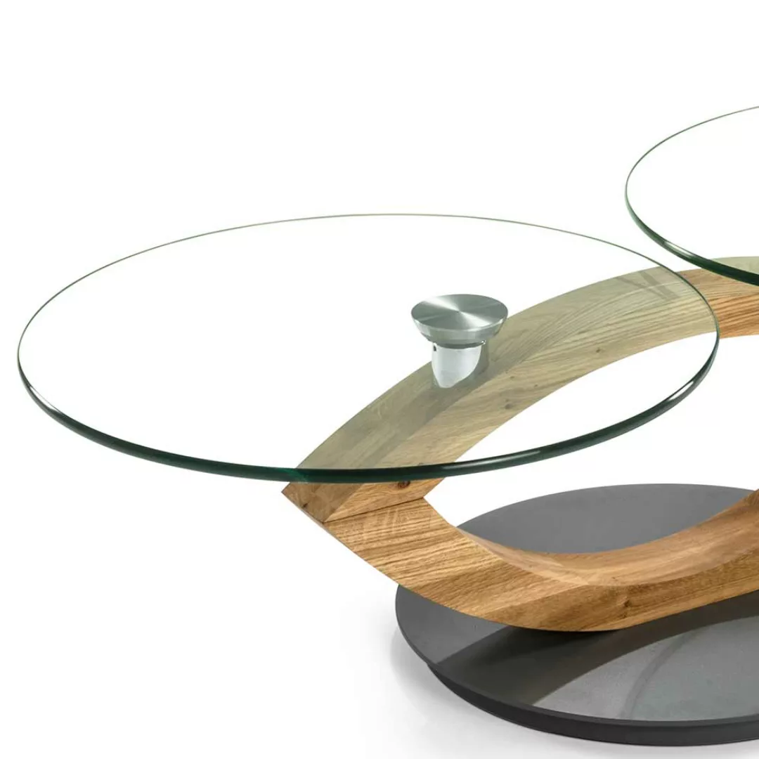 Design Couchtisch mit zwei runden Glasplatten Asteiche Massivholz günstig online kaufen