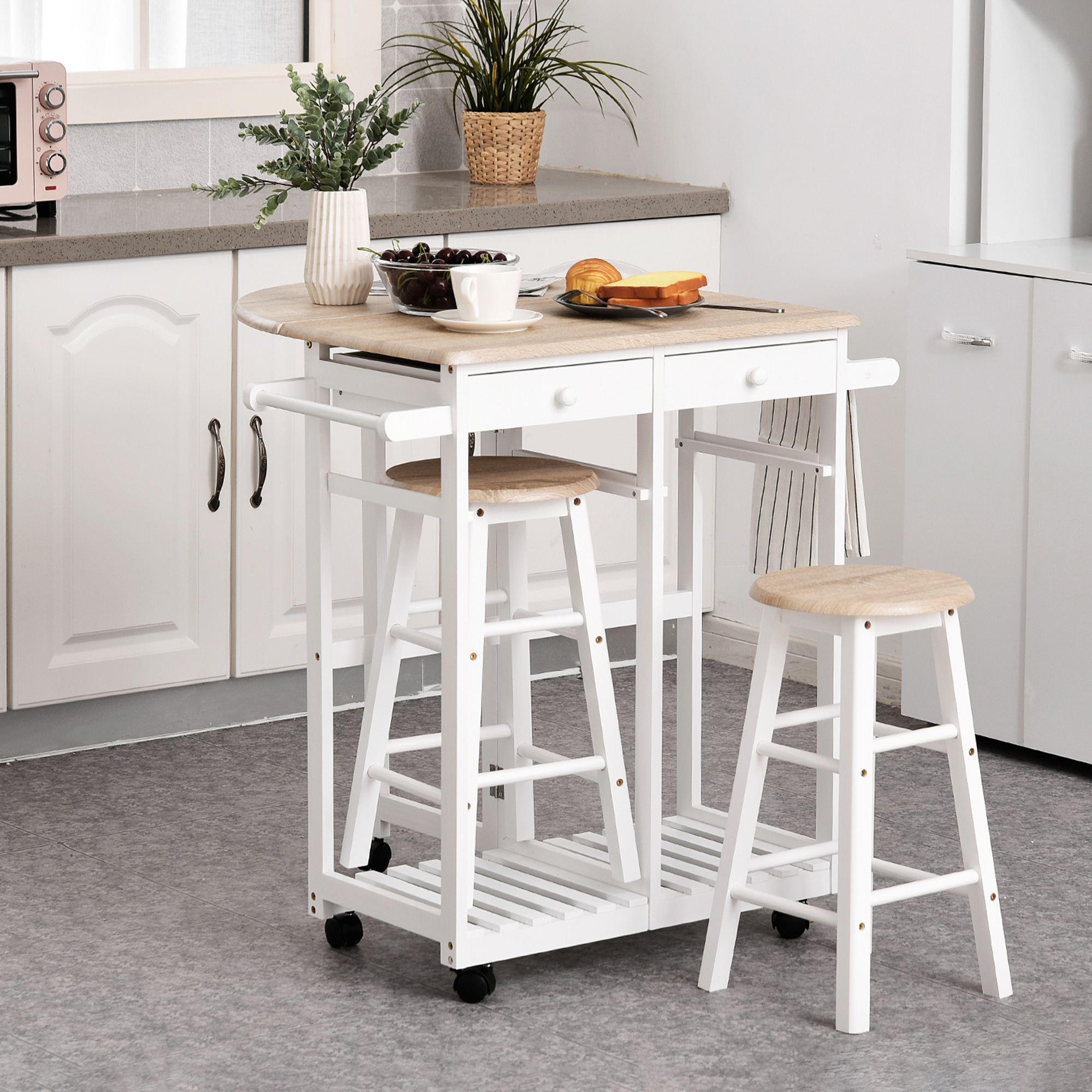 HOMCOM Bartisch-Set Klappbar auf Rollen mit Regal und 2 Schubladen + 2 Hock günstig online kaufen