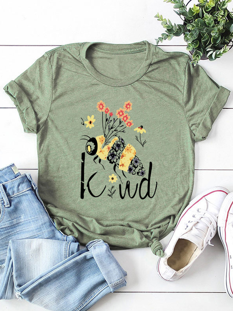 Damen Rundhals-T-Shirt mit Blumen-Buchstaben-Print günstig online kaufen