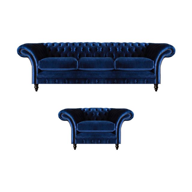 JVmoebel Chesterfield-Sofa Textil Stoff Design Sofa Polster Couch Blau Drei günstig online kaufen