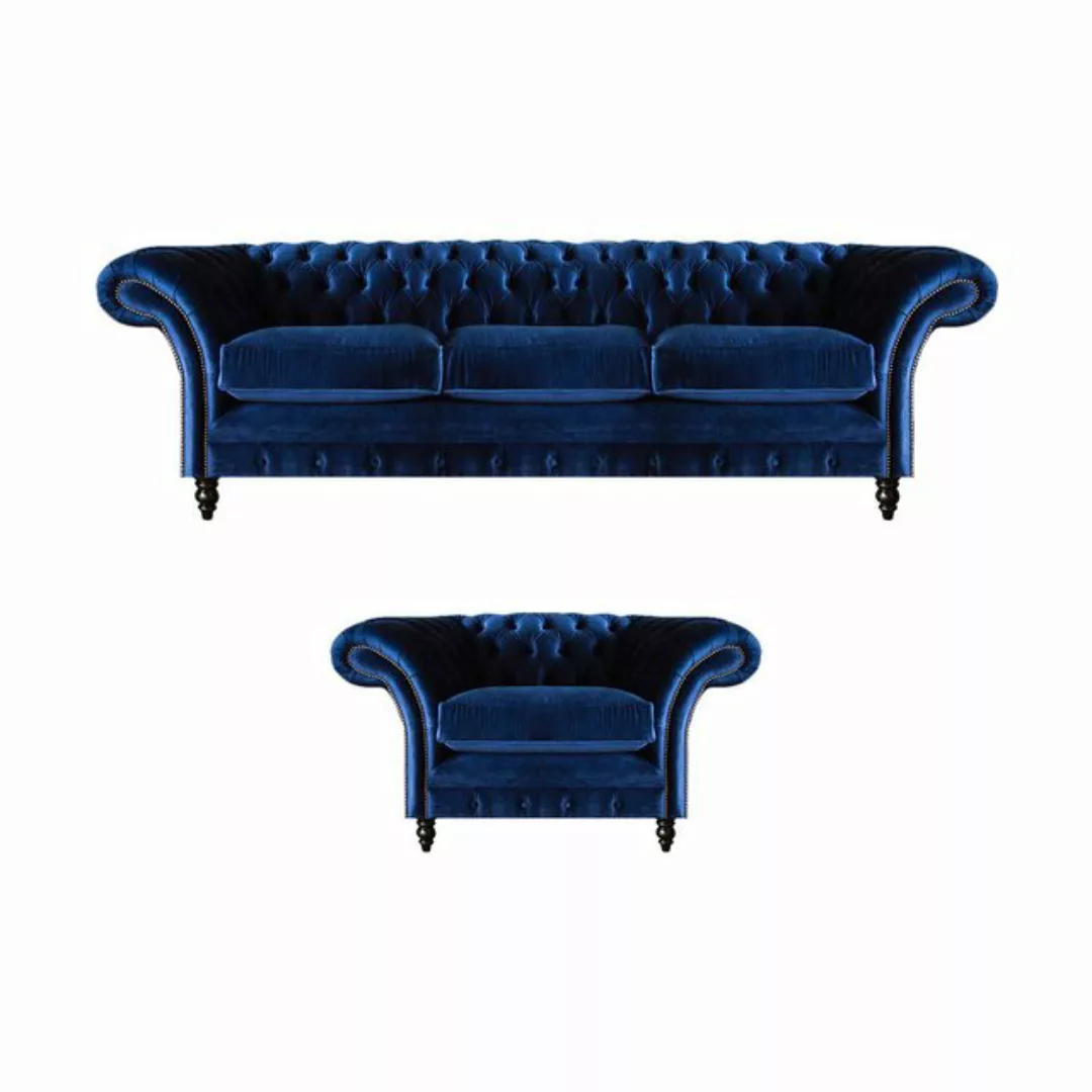 JVmoebel Chesterfield-Sofa Textil Stoff Design Sofa Polster Couch Blau Drei günstig online kaufen