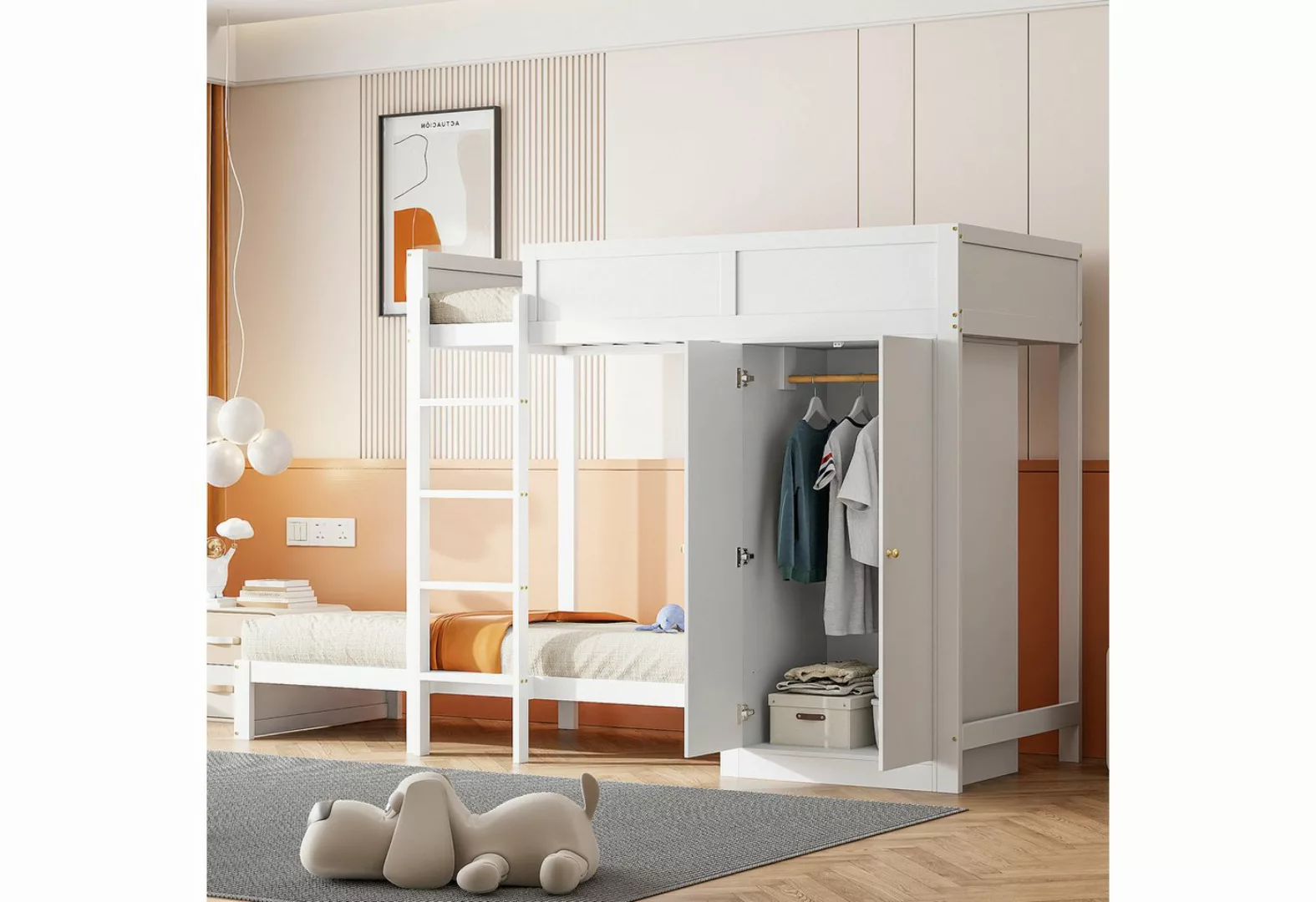 Flieks Etagenbett, Kinderbett 90x200cm mit Kleiderschrank und Sicherheitsle günstig online kaufen