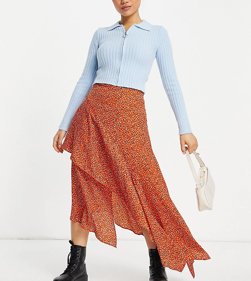 ASOS DESIGN Petite – Midirock in Orange gemustert mit Rüschen-Mehrfarbig günstig online kaufen