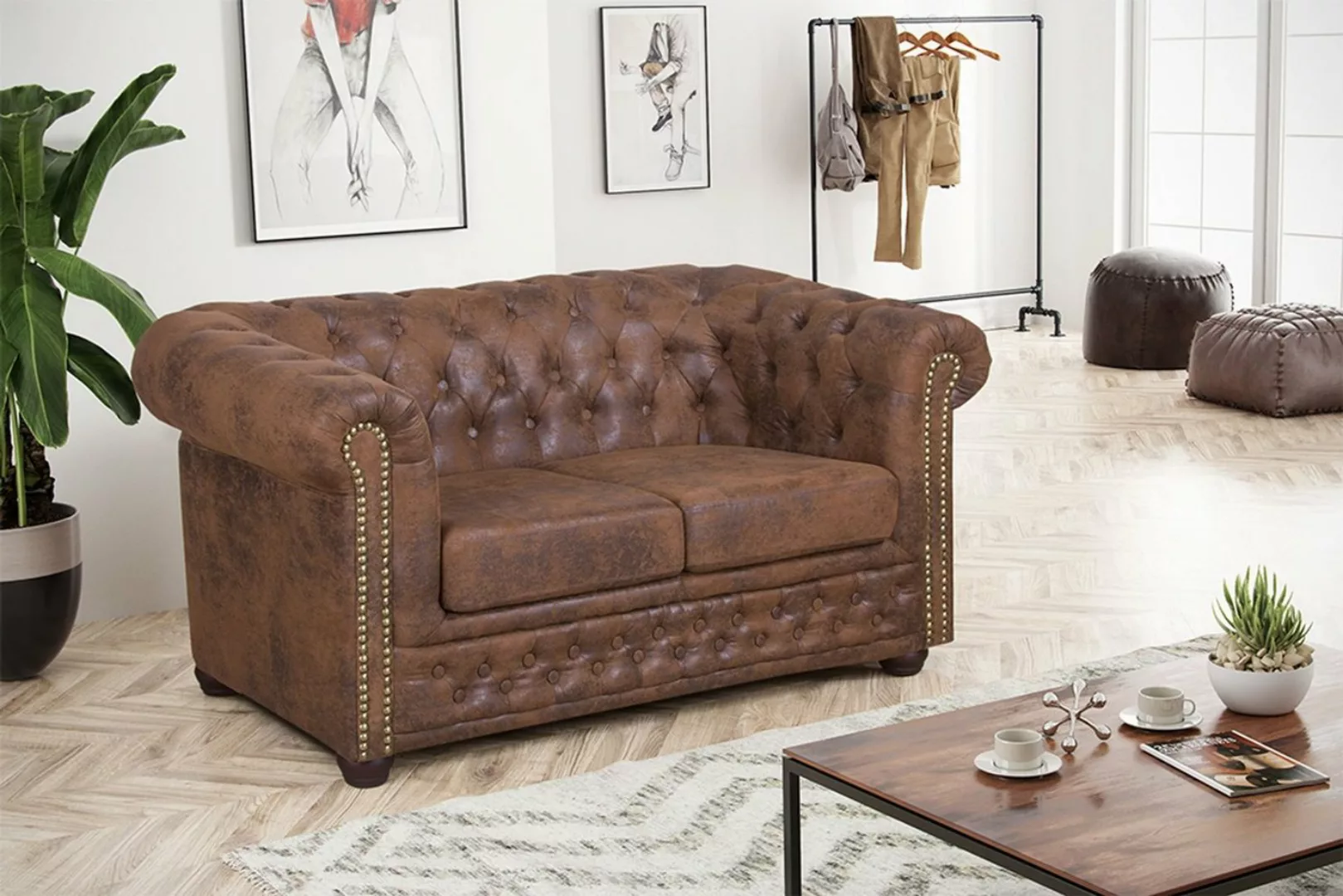 Küchen-Preisbombe Sofa Edles Chesterfield 2 Sitzer Mikrofaser Vintage braun günstig online kaufen