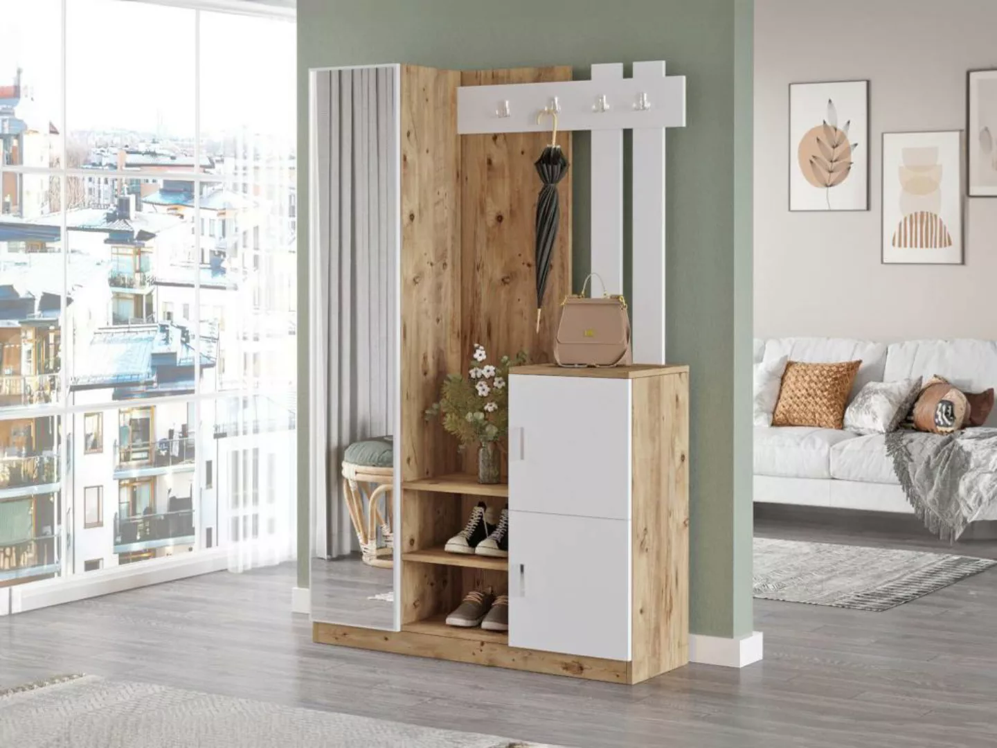 Garderobe mit 3 Türen & 1 Spiegel - Weiß & Holzfarben - MIROTA günstig online kaufen