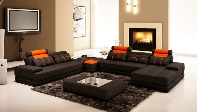 JVmoebel Ecksofa Luxus schwarze Wohnlandschaft U-Form Ledersofa Modern Couc günstig online kaufen