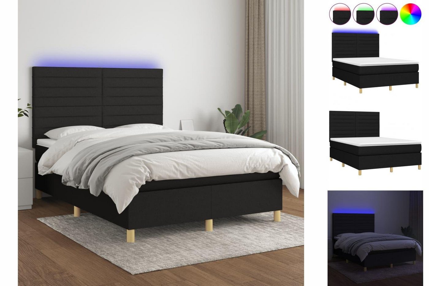 vidaXL Bettgestell Boxspringbett mit Matratze LED Schwarz 140x200 cm Stoff günstig online kaufen